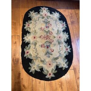 Hooked Wool Rug, Oval , Vintage Black, cream, Floral Pattern colors 33” X 53”